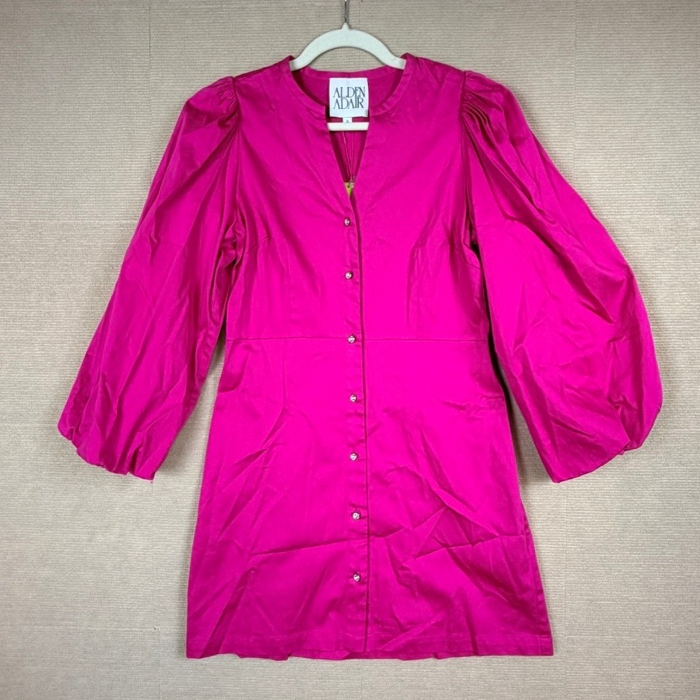 Alden Adair Athena Magenta Pink Puff Sleeve Button Front Mini Dress NWT Small